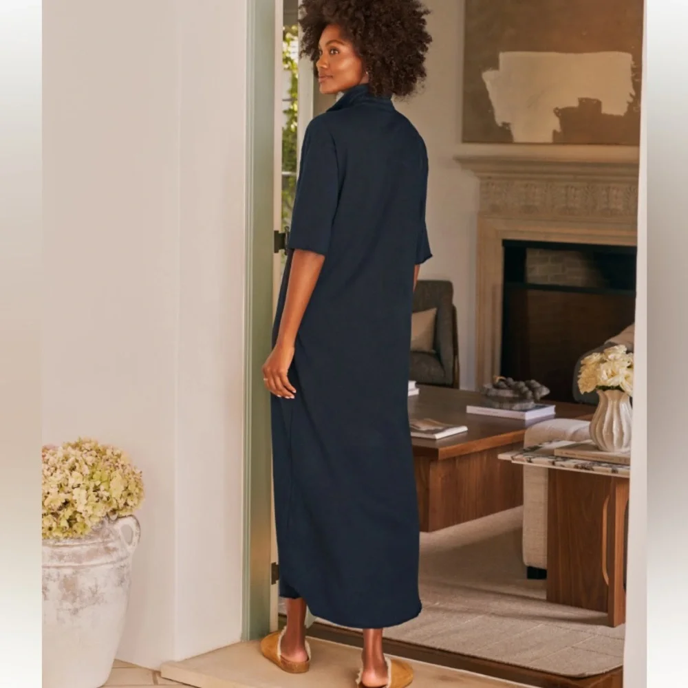 Frank & Eileen Emma Hand-Cut Raw Hem Popover Henley Maxi Dress Navy Size XS - Picture 5 of 11